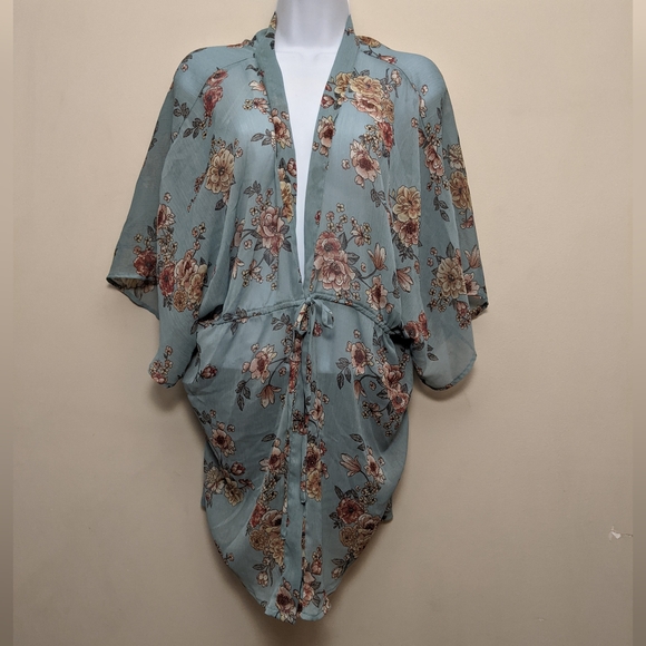 Lily White Other - Lily White Teal Blue Floral Kimono Sheer Beach Cover Up S